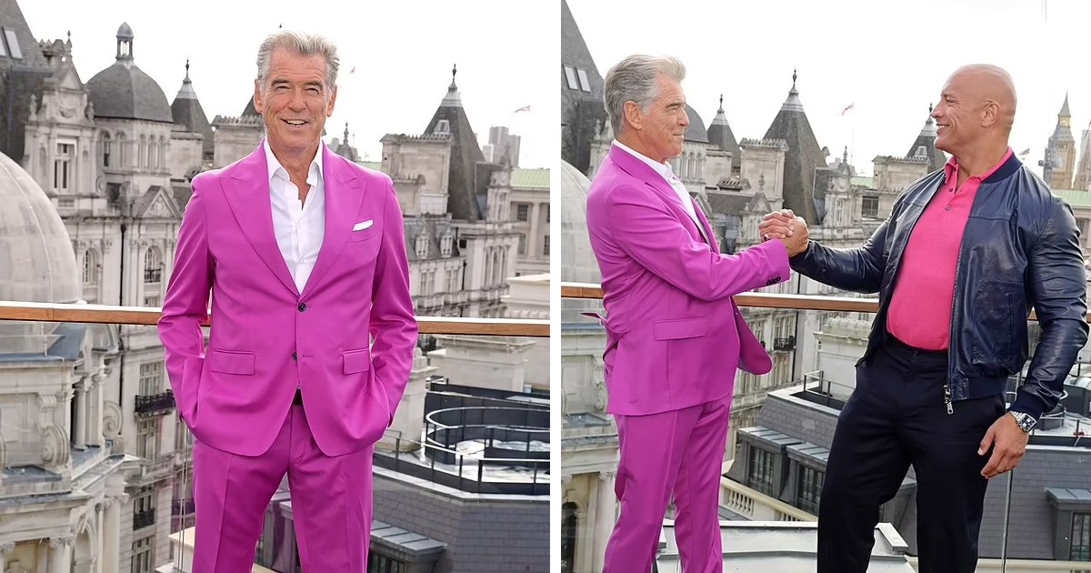 d90.jpg?resize=412,275 - EXCLUSIVE: 'Say Hello To The Men In Pink!'- Actors Pierce Brosnan & Dwayne Johnson STUN Viewers In Shades Of Pink At Movie Premiere