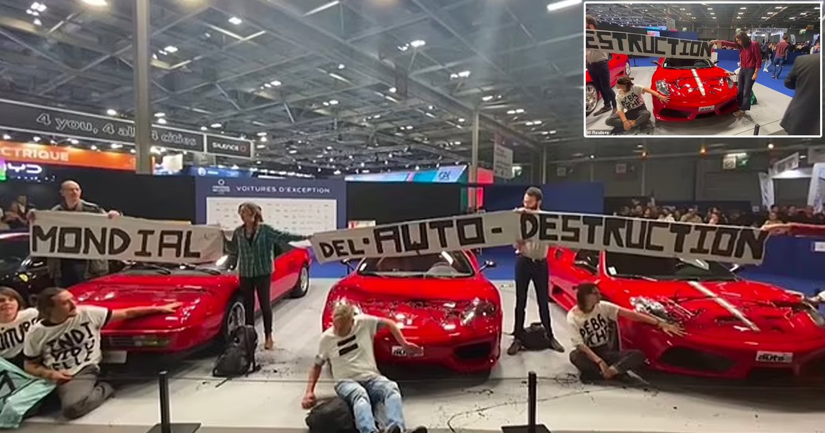t3 2.jpg?resize=1200,630 - JUST IN: Activists Storm Paris Motor Show & GLUE Themselves To Ferrari Supercars