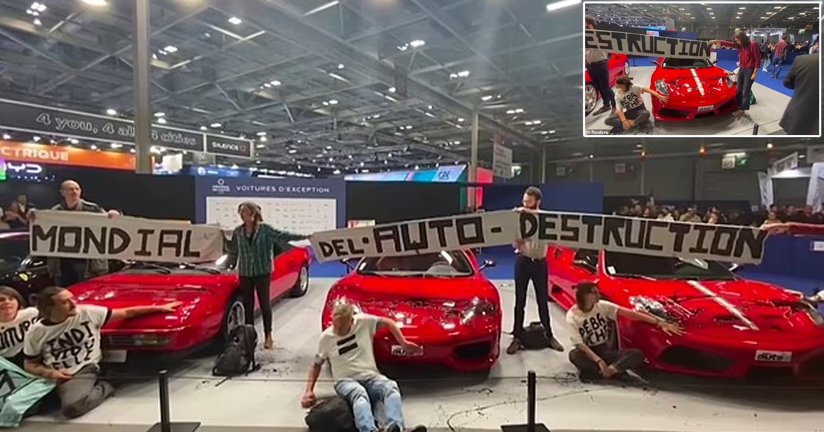 t3 2.jpg?resize=412,275 - JUST IN: Activists Storm Paris Motor Show & GLUE Themselves To Ferrari Supercars