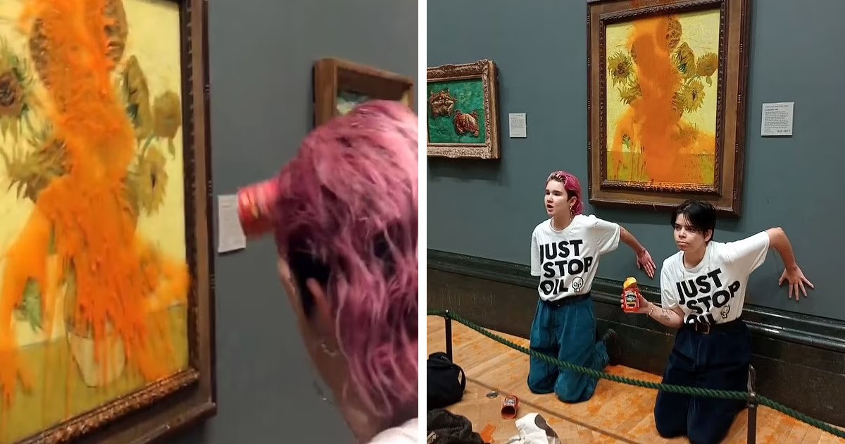 t3 5.png?resize=1200,630 - BREAKING: Van Gogh's $100 Million 'Sunflowers' Painting Gets Covered In Tomato Soup By Angry Protesters At The National Gallery
