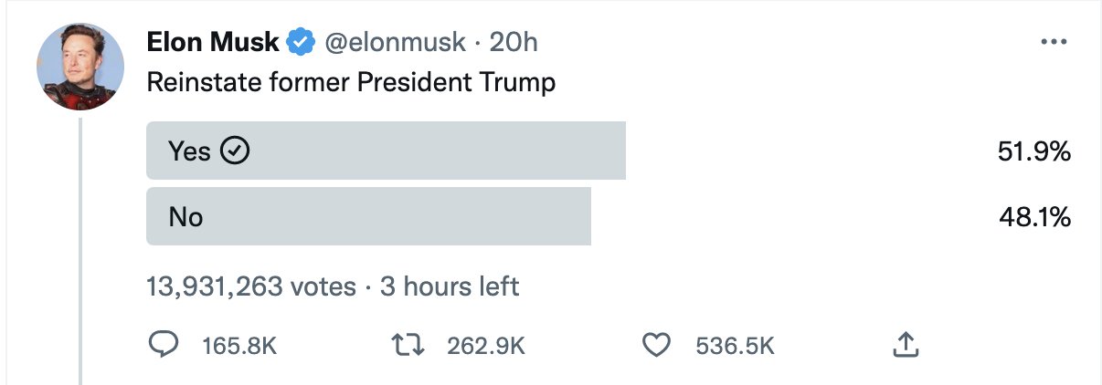 Elon Musk starts Twitter poll on whether to reinstate Trump