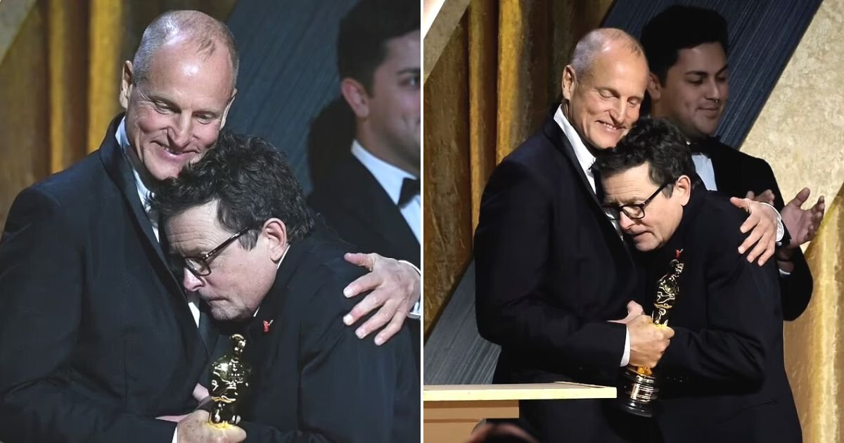 untitled design 83.jpg?resize=1200,630 - Woody Harrelson Embraces Michael J Fox As He Presents Him With Honorary Academy Award