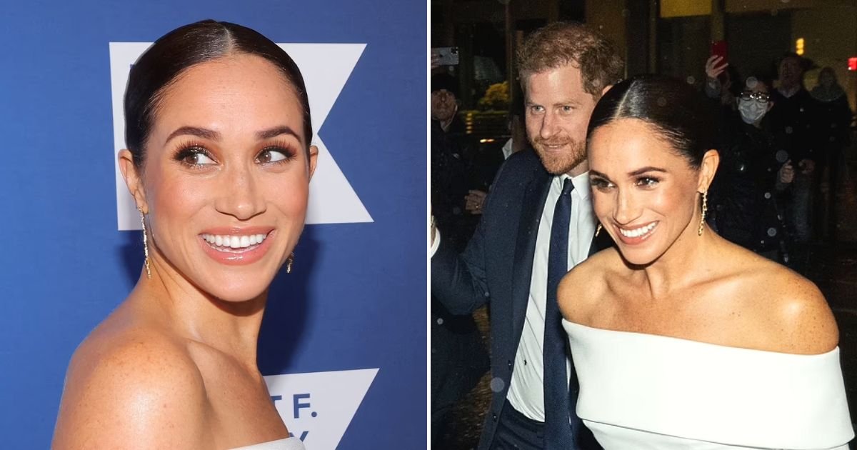 gown5.jpg?resize=412,275 - JUST IN: Meghan Markle BEAMS From Ear To Ear As She Dazzles In White-Off-The-Shoulder Dress To Accept AWARD With Prince Harry