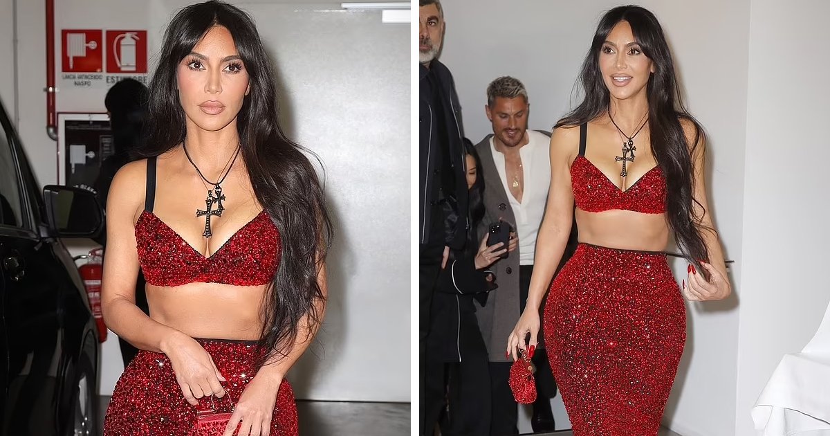 d131.jpg?fit=1024%2C538&ssl=1&strip=all - EXCLUSIVE: Kim Kardashian Turns Up The Heat In A Fiery Red Sequined Bralette At Milan Fashion Week