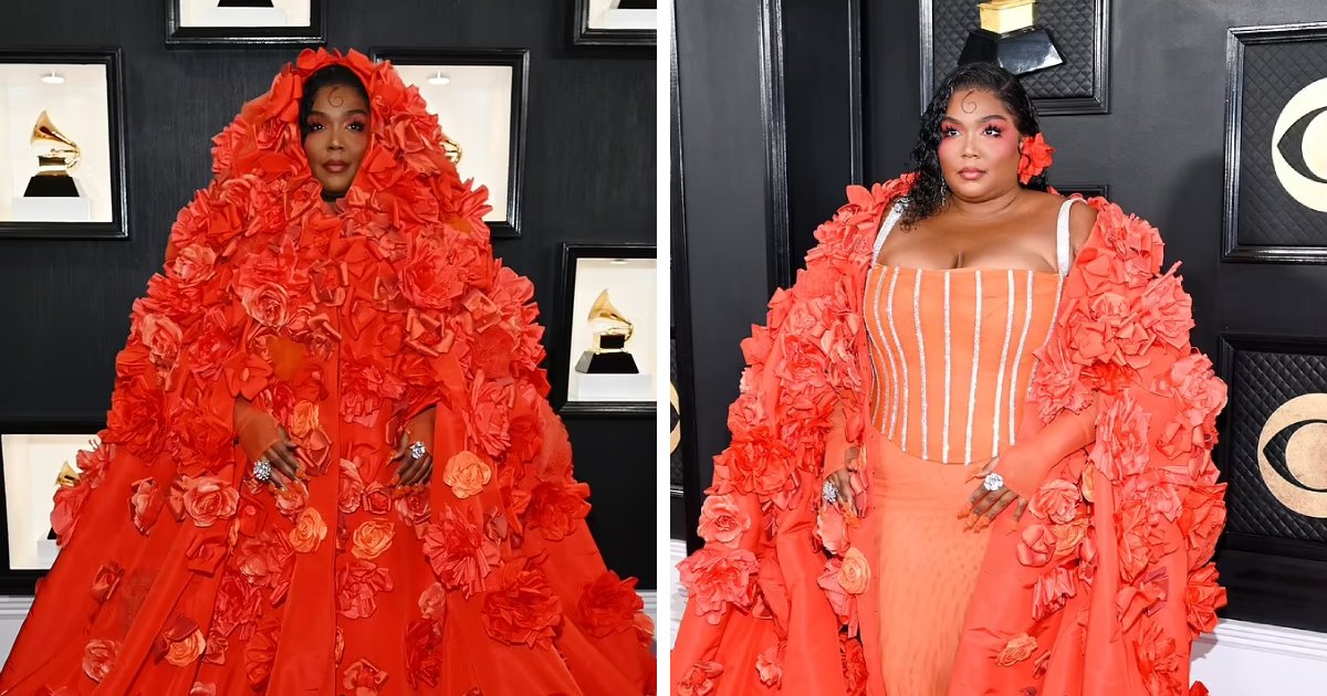 t9 4.png?resize=1200,630 - EXCLUSIVE: Lizzo Makes A 'Bold Appearance' At The Grammys With Her Orange-Toned D&G Floral Corset Dress