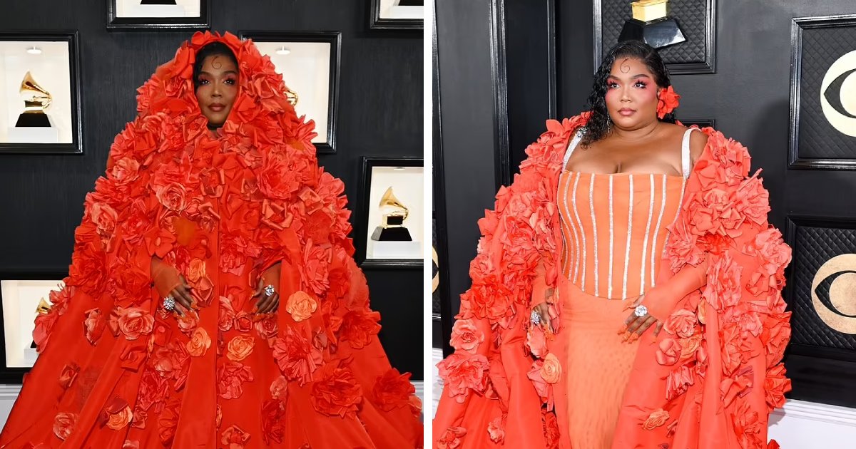 t9 4.png?resize=412,275 - EXCLUSIVE: Lizzo Makes A 'Bold Appearance' At The Grammys With Her Orange-Toned D&G Floral Corset Dress