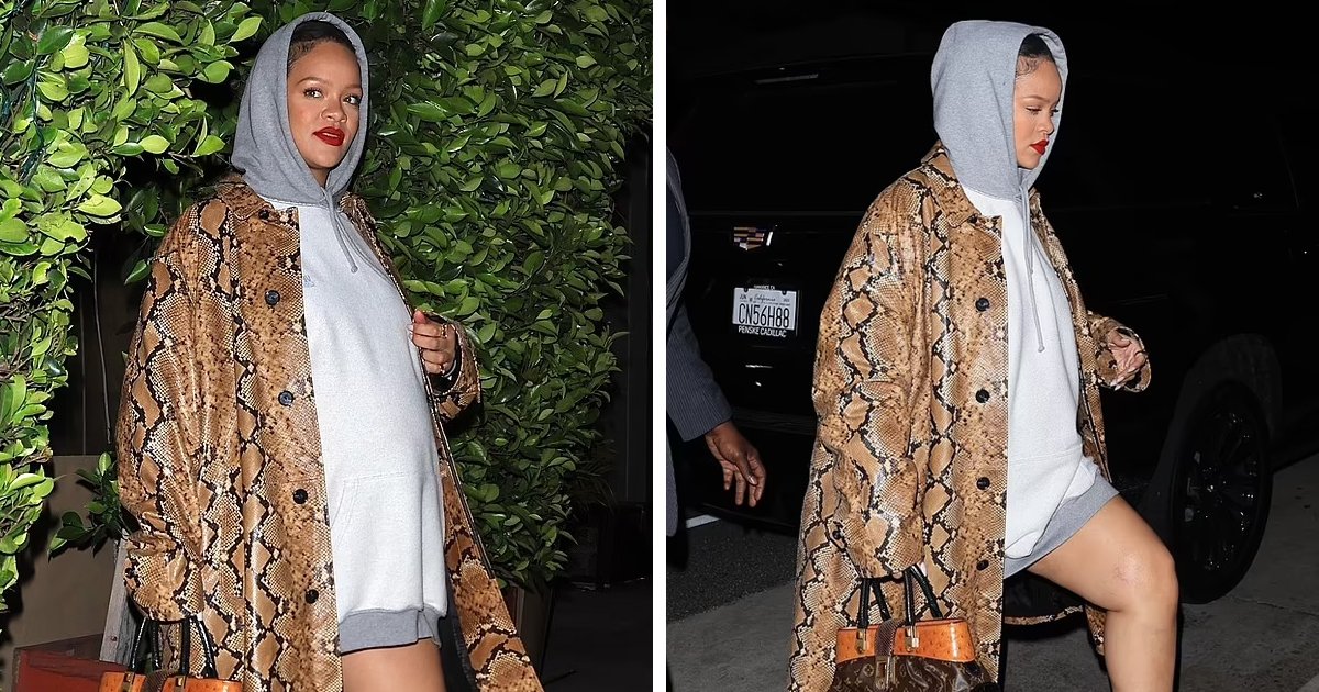 t1 1.jpg?resize=412,275 - EXCLUSIVE: Rihanna Turns Heads In Her Edgy 'Snake Skin' Ensemble While Putting Her GIANT Baby Bump On Display