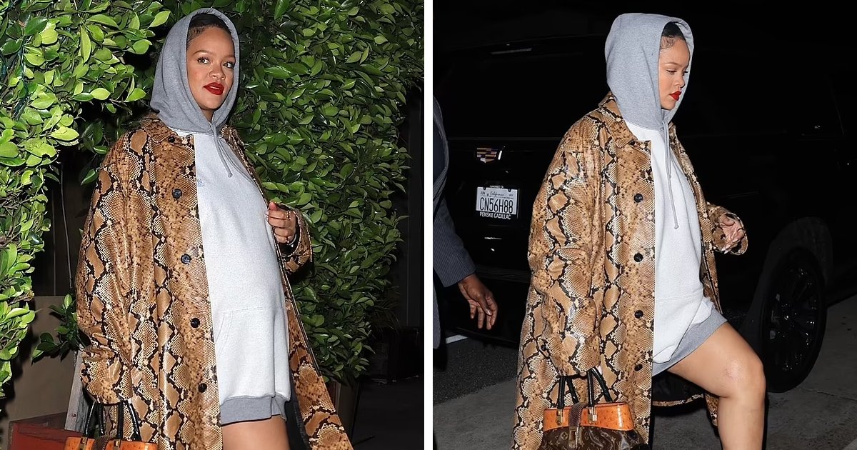 t1 1.jpg?resize=412,232 - EXCLUSIVE: Rihanna Turns Heads In Her Edgy 'Snake Skin' Ensemble While Putting Her GIANT Baby Bump On Display