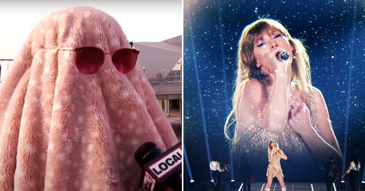 blanket4.jpg?resize=1200,630 - Taylor Swift Fan Turns Up To Concert With Fluffy Blanket Over Her Head And Sunglasses Because She ‘Called In Sick To Work’