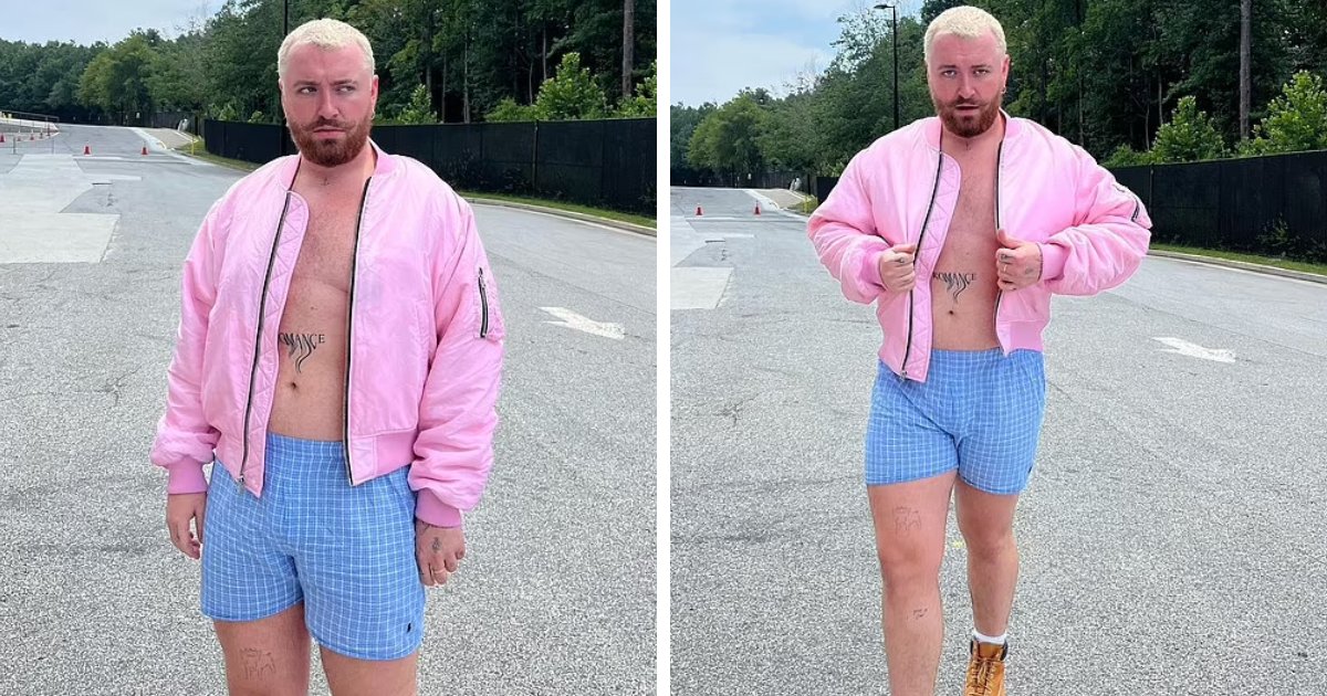 t2 14.png?resize=1200,630 - Sam Smith Embraces Their Inner Ken Doll As Star Pictured Wearing PINK Bomber Jacket & Blue Check Shorts