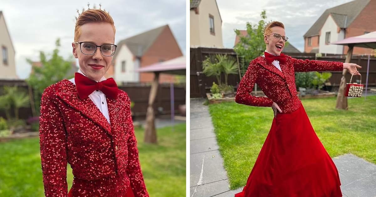 m2.jpeg?resize=412,275 - Schoolboy Sends Viewers Into Frenzy After Revealing He Wore A 'Sequined' Tuxedo Jacket With A Red Ballgown Skirt To Prom