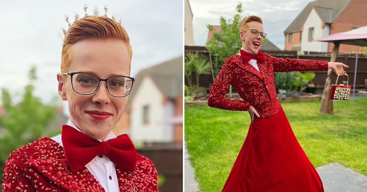 prom4.jpg?resize=1200,630 - 16-Year-Old Boy Goes Viral For Wearing A Sequined Tuxedo Jacket And Bright Red Ballgown Skirt To His Prom
