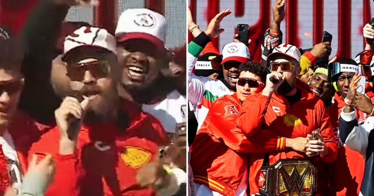 travis4.jpg?resize=1200,630 - JUST IN: Travis Kelce Is Too DRUNK To Speak And Has To Be Carried By Teammates On Stage At Kansas City Chiefs' Super Bowl Parade