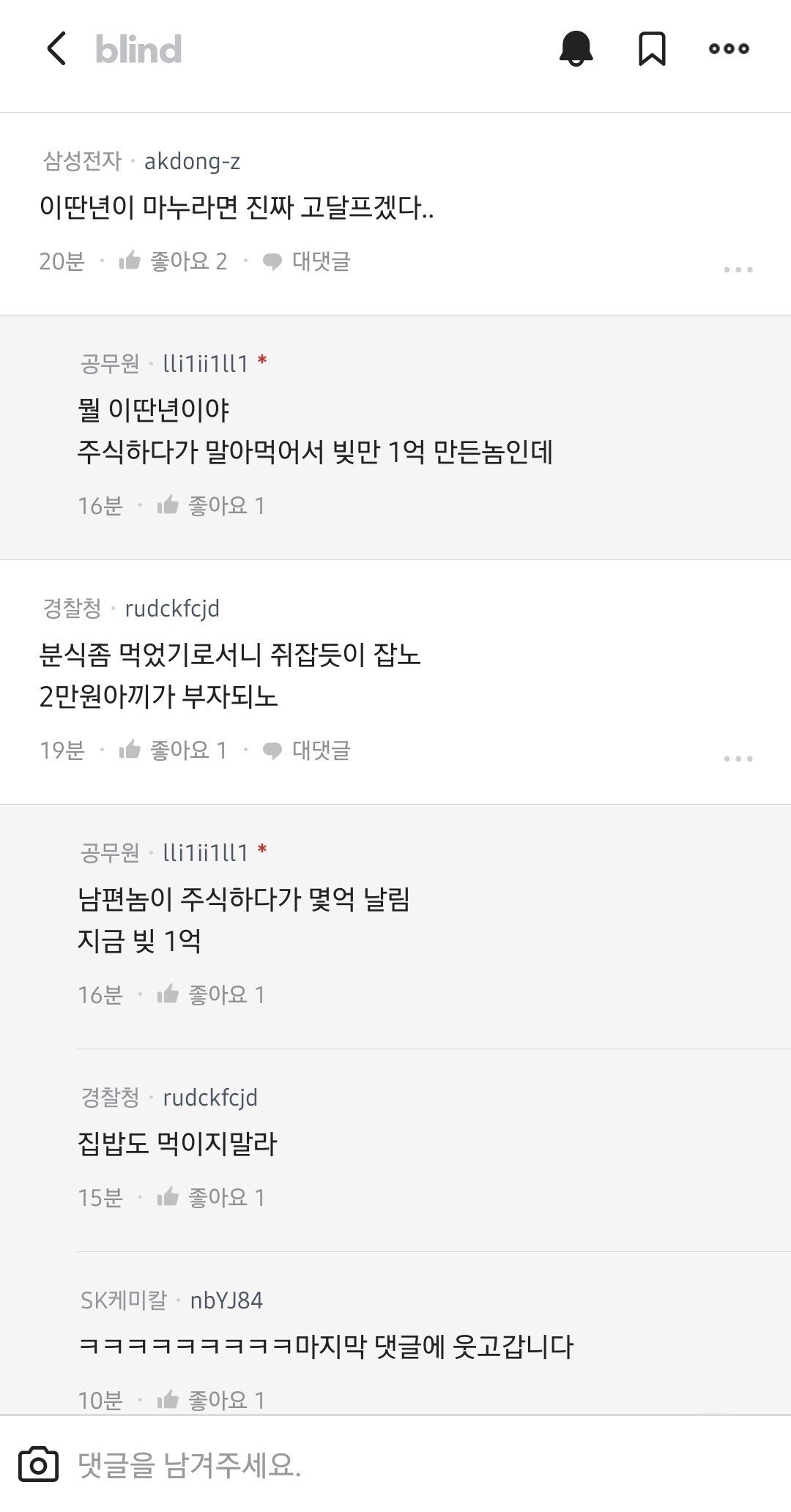 블라인드) 남편이 분식에 2만원 쓴게 화나서 집에서 쫒아낸 아내