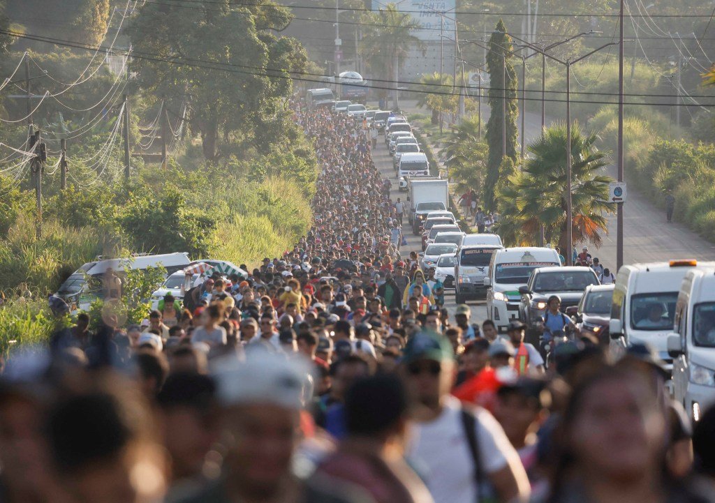 Migrant caravan walking through the streets of Tapachula, Mexico toward the US border on November 5, 2024.