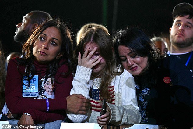 Supporters react to election results during an election night event for US Vice President and Democratic presidential candidate Kamala Harris at Howard University in Washington, DC