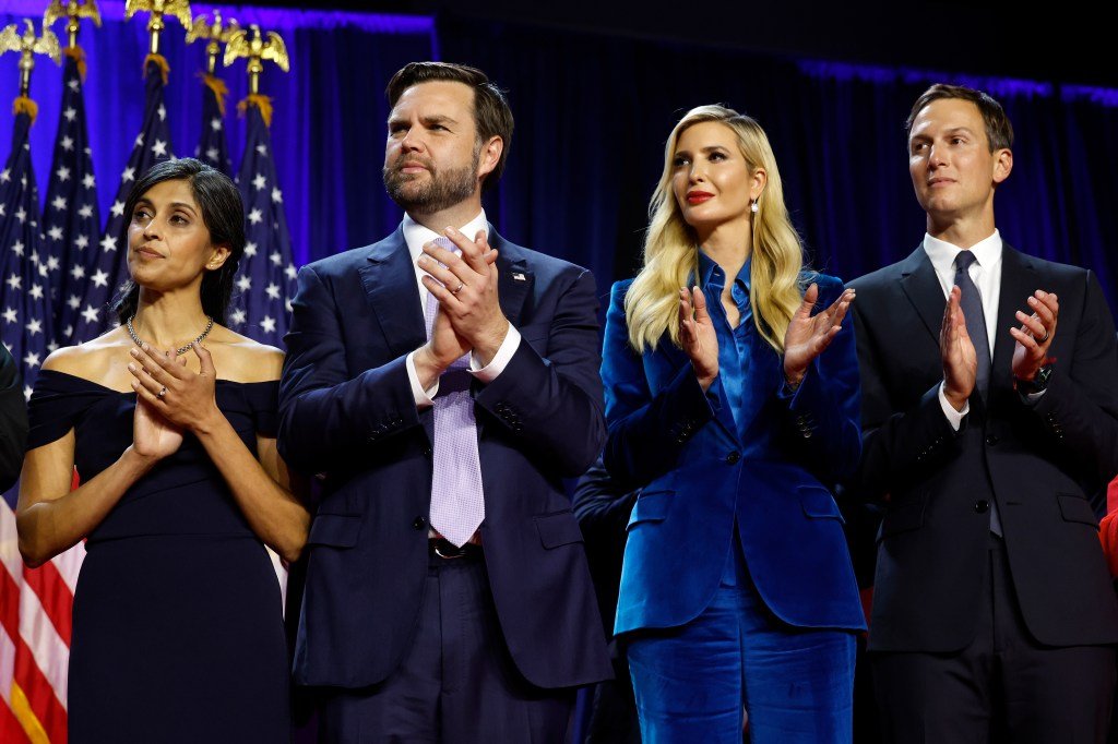 Usha Vance, J.D. Vance, Ivanka Trump and Jared Kushner on stage in Palm Beach.